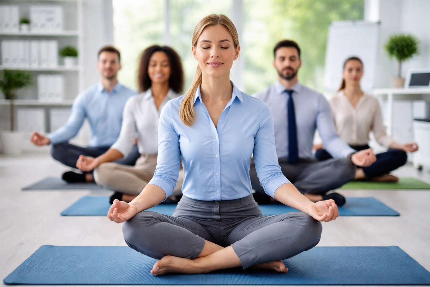 Yoga für Dich - Yoga Kurse - Eine Gruppe von Büroangestellten in Businesskleidung sitzt auf Yogamatten in einem Büro und meditiert in der Lotusposition.